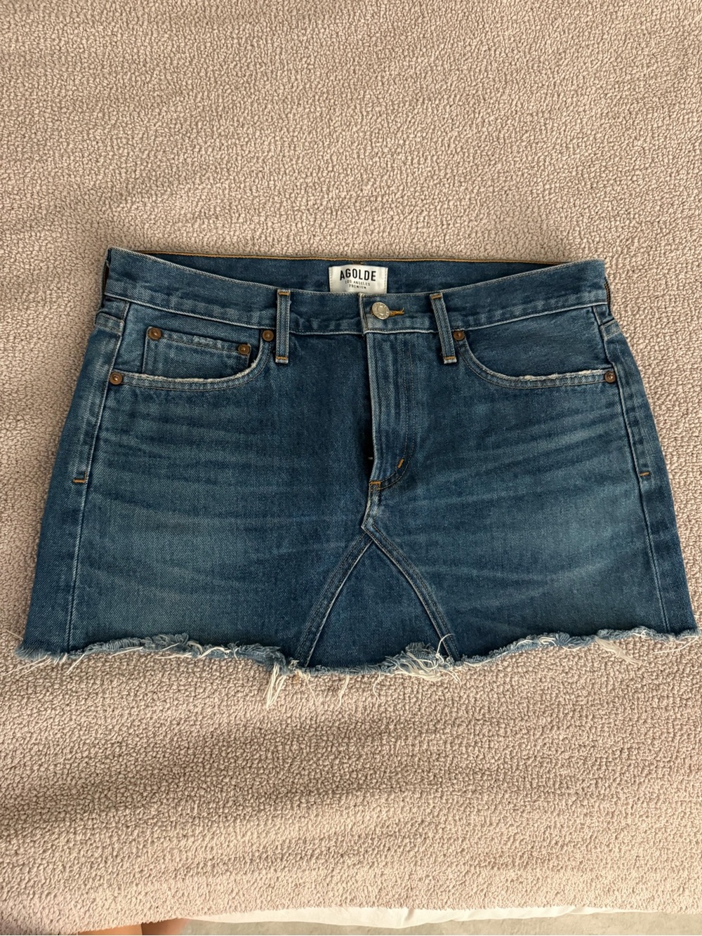 Agolde Dark Blue Denim Mini Skirt with Raw Hem